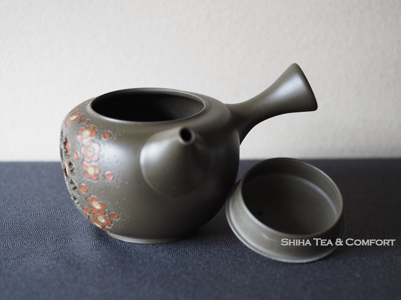 SHUNEN MANO Red Plum Green Clay Double Wall Kyusu Teapot 舜園镂空