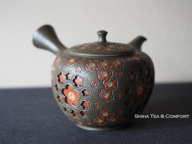 SHUNEN MANO Red Plum Green Clay Double Wall Kyusu Teapot 舜園镂空